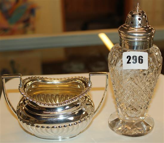 Silver sugar bowl & silver topped shaker